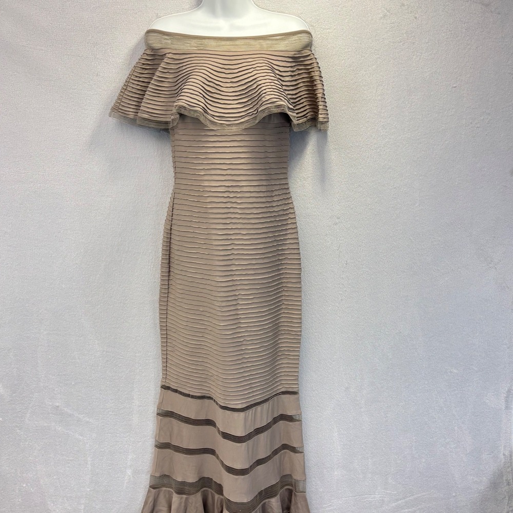 Tadashi Shoji Off Shoulder Pintuck Gown Womens Small S Taupe Maxi Dress 6L16507L